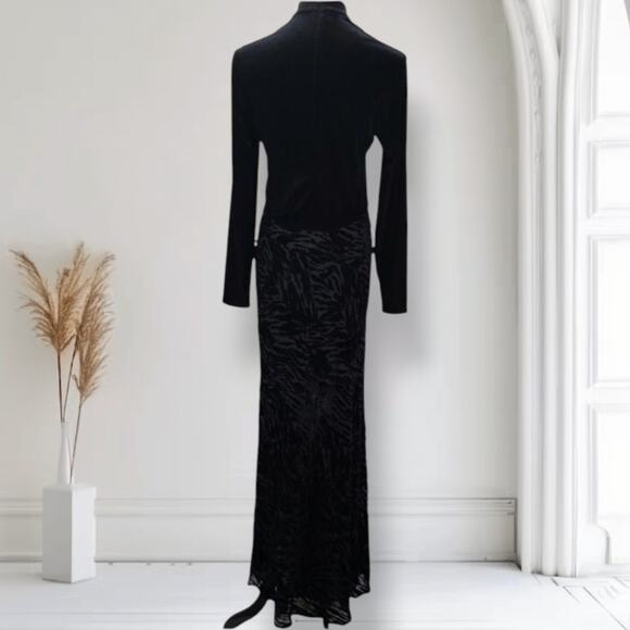 Vintage 90s Black Velvet Burnout Maxi Dress Mock Neck Animal Print Size 12 - Picture 7 of 12